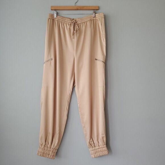 Rachel Parcell Tan Satin Drawstring Jogger Pants Womens Large Inseam 28 - Picture 1 of 9